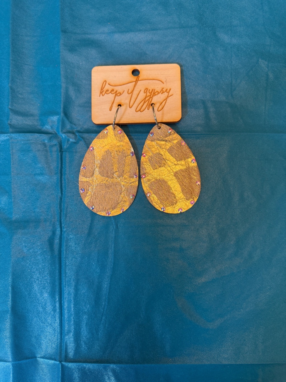 Handmade Gold Giraffe Print Teardrop Earrings with Rhinestones